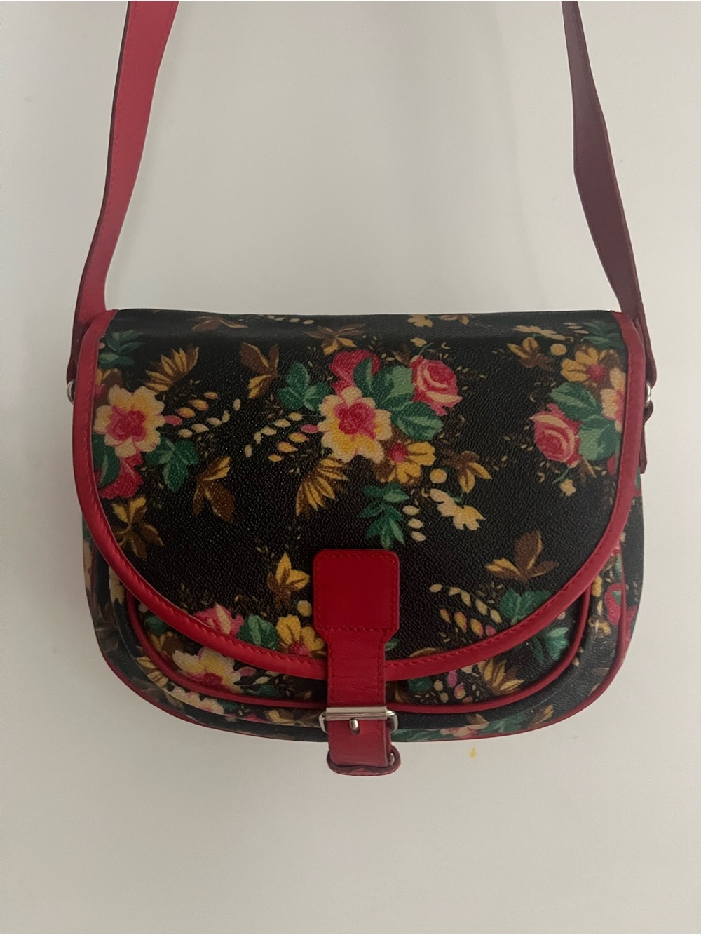 Kenzo Black Floral Crossbody Bag with Red Leather Trim and Plaid Interior
